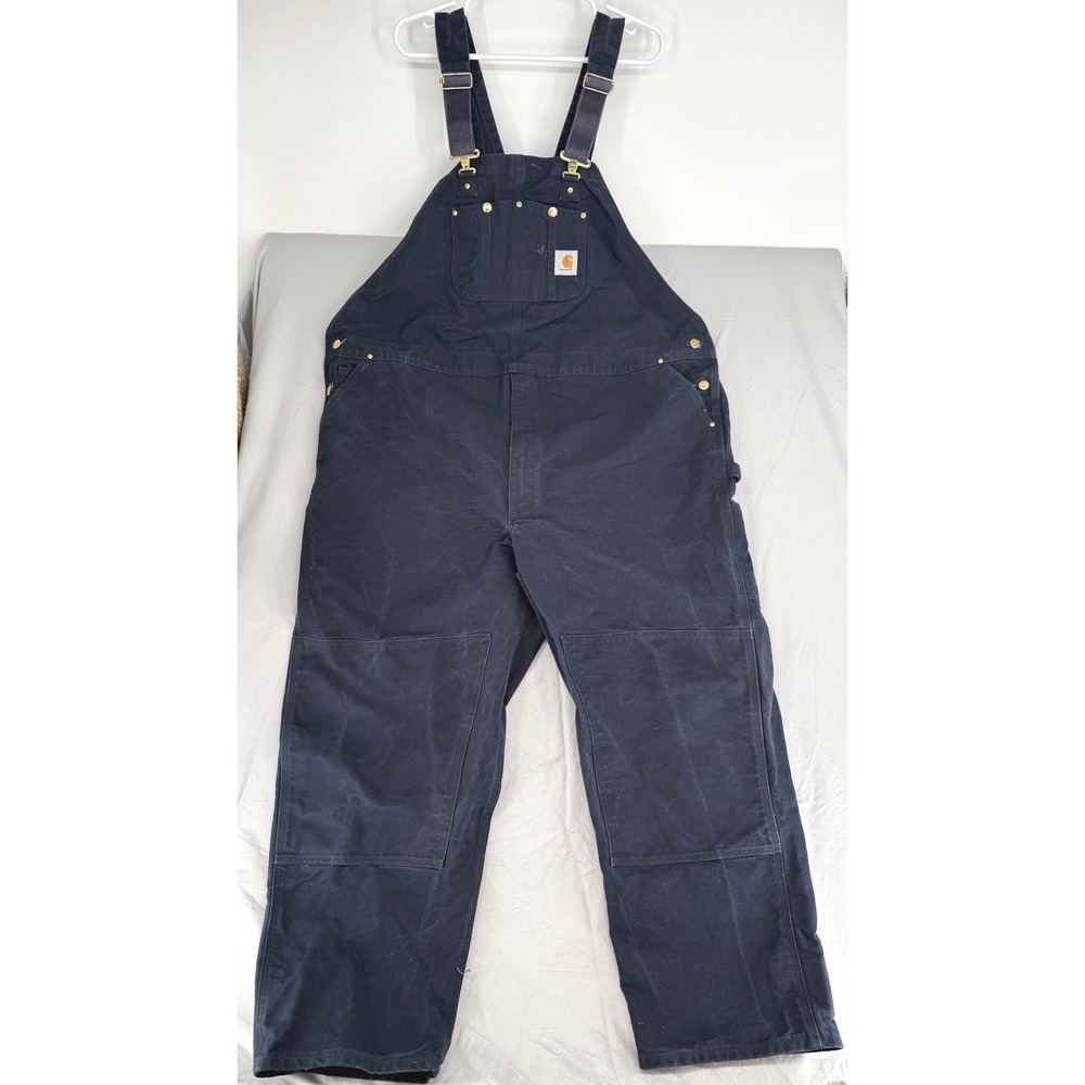Carhartt R01-DNY 100% Cotton Duck Bib Overalls Navy Blue Double Knee 54x32 Mens